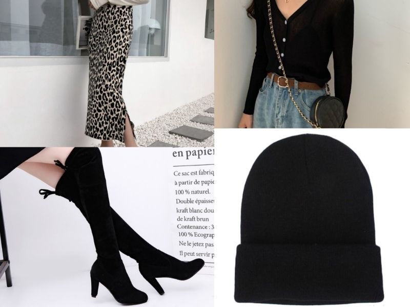 feminine styling with midi skirt, knee high boots, sweater, and cuffed beanie