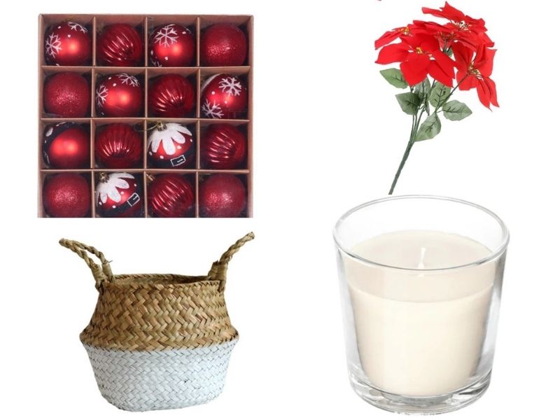 glass candle, woven basket, ornaments, and plant