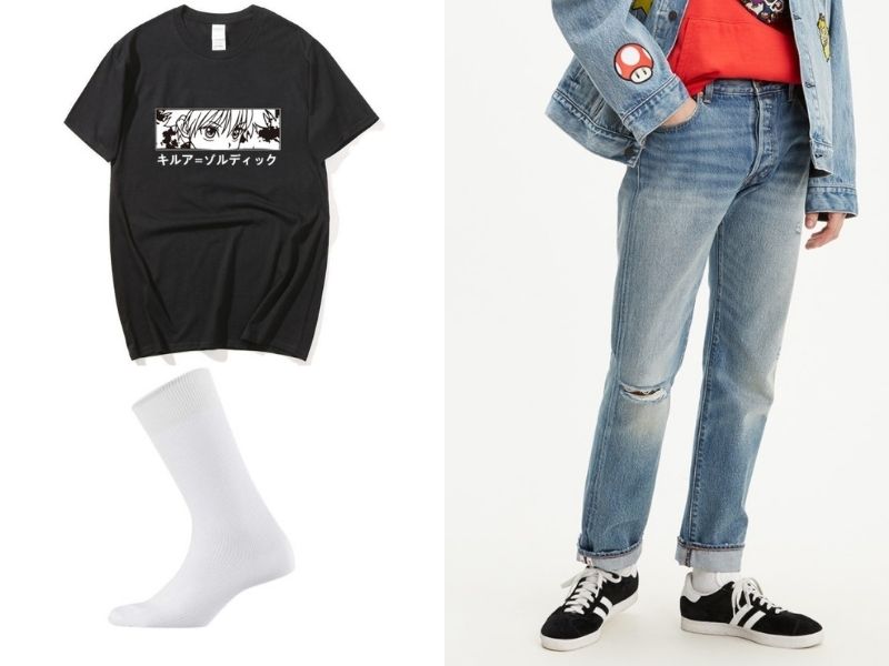 anime t-shirt, cuffed jeans, and white socks