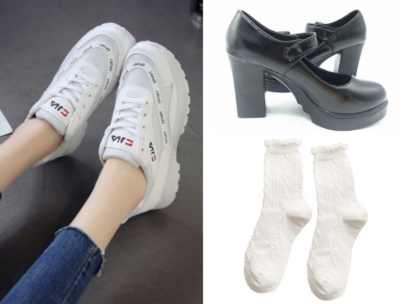 soft girl shoes, chunky sneakers, platform mary janes, and frilly socks