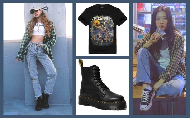 blackpink lisa, red velvet seulgi, combat boots, and band tee
