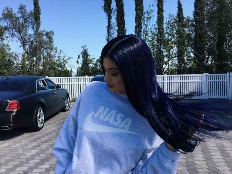 kylie jenner midnight blue hair, hair colour for warm skin cones