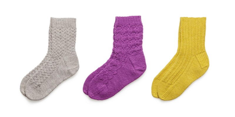 grey, purple, yellow socks 