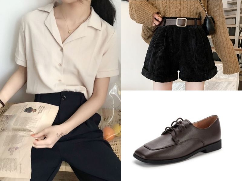 shirt, black shorts, and loafers