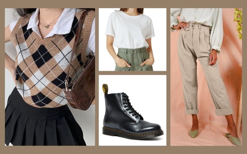 sweater vest, combat boots, t shirt, and dress pants