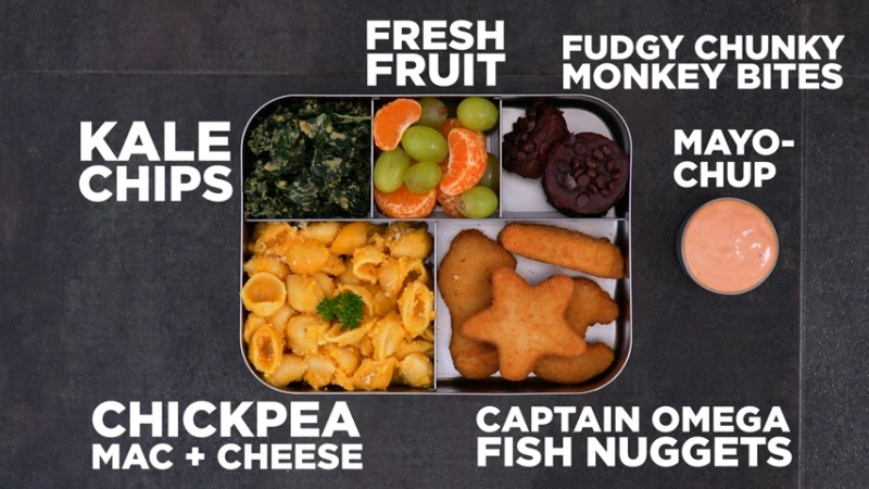 fish nugget chickpea mac and cheese bento
