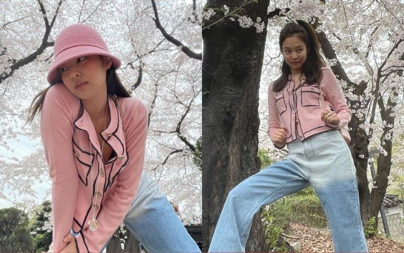 jennie chanel cardigan and bucket hat