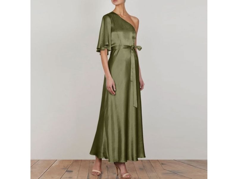 satin one sleeve green dress, christmas outfit
