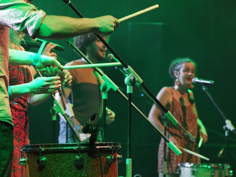 Performers singing and performing with musical instruments