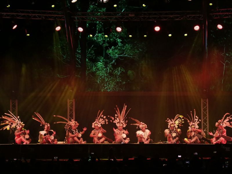 Performers in traditional costumes on stage