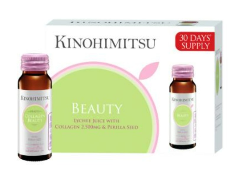 Kinohimitsu Collagen Beauty Drink contains perilla seed extract, malic acid, and silk protein. 