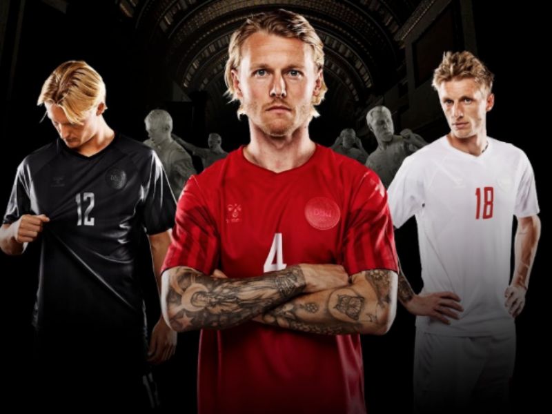 Denmark home, away, and third jerseys FIFA World Cup 2022