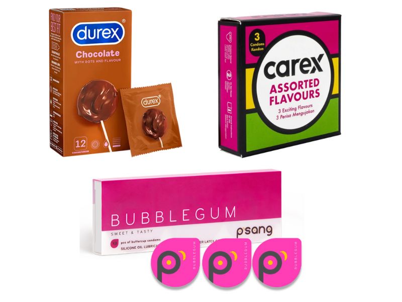 P’Sang Bubblegum Flavored Buttercup Condom, Durex Strawberry / Chocolate Condoms & Carex Assorted Flavours Condoms best condom in malaysia