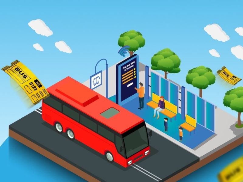 an animated graphic of a bus stop scene bus from singapore to malaysia